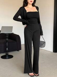 DAZY Ladies' Solid Color Long Sleeve Crop Top And Long Pants Three-Piece Set