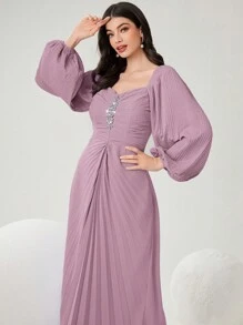 Modelyn 女士實色打褶連衣裙，配水晶裝飾仿高領和長袖，適用於春夏季節 - 粉色 - 查看 5
