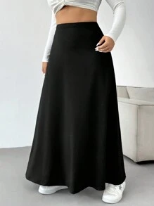 SHEIN EZwear 大码女式纯色高腰日常休闲中长裙 - 黑色 - 查看 5