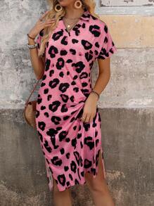 SHEIN LUNE V-Neck All Over Print Criss-Cross Wrap Short Sleeve Dress - Pink - View 1