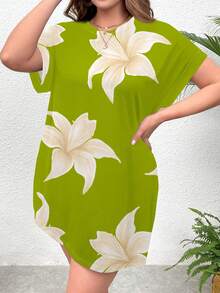 SHEIN Essnce Váy ngắn tay cổ tròn in họa tiết hoa lily cỡ lớn thường ngày cho nữ, mùa hè - trắng - Xem 3