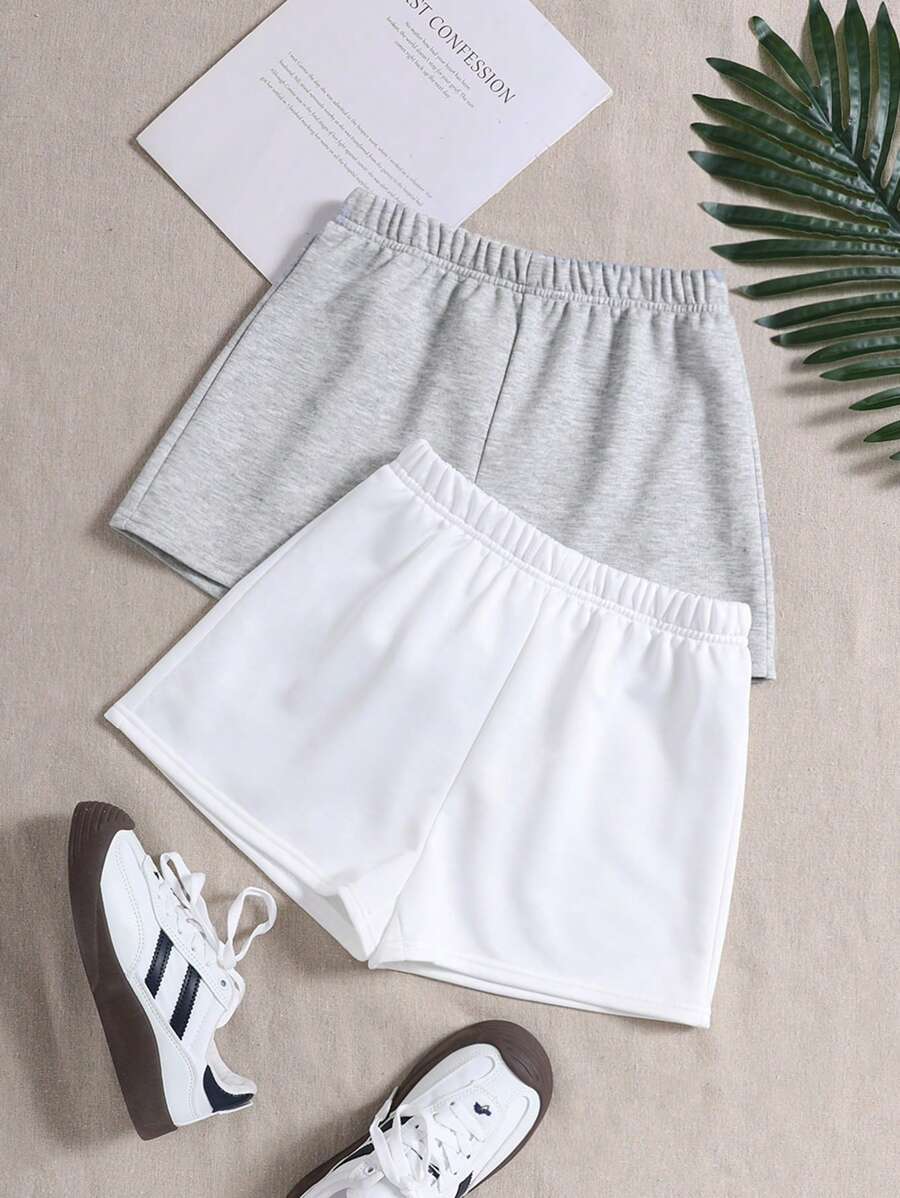 2pcs Tween Girls' Casual Solid Color Knitted Wide Leg Shorts For Daily Wear