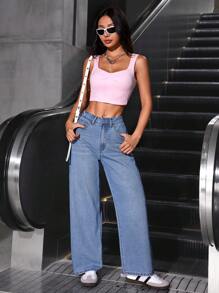 SHEIN PETITE Women Solid Color Simple Daily Jeans - Light Wash - View 4