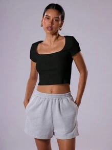 MUSERA Áo croptop tay ngắn cổ tròn màu trơn dành cho nữ mùa hè, áo thun thường ngày cho mùa xuân và lễ Phục sinh. - màu đen - Xem 2