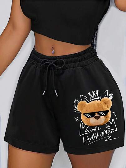 Rock Music Style Cute Bear Logo Printed Knitted Shorts, Casual Wear