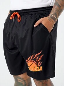 Manfinity VCAY 2pcs/Set Plus Size Men's Casual Loose Fit Drop Shoulder Short Sleeve Shirt With Knitting Letters Pattern And Waist Straight Shorts, Suitable For Summer And Sports - Black - View 3