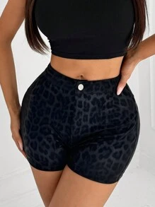 SHEIN SXY 性感豹纹 PU 短裤 - 黑色 - 查看 4