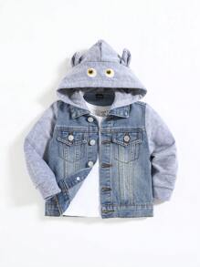 SHEIN 男婴可爱柔软刺绣灰色针织连帽拼接牛仔蓝外套，适合户外和日常穿着 - 中等水洗藍 - 查看 1