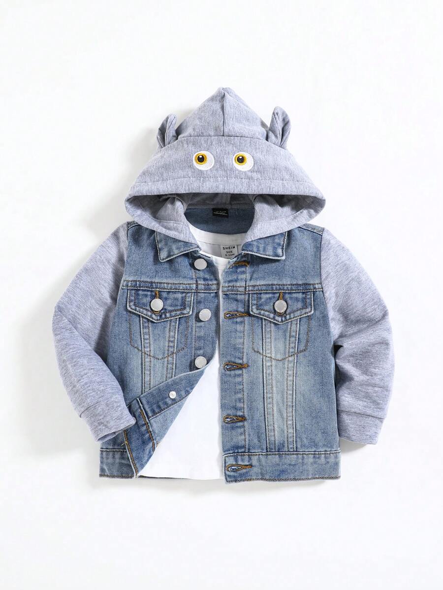 SHEIN 男婴可爱柔软刺绣灰色针织连帽拼接牛仔蓝外套，适合户外和日常穿着 - 中等水洗藍 - 查看 1