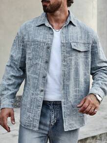 Manfinity Homme Men Flap Detail Long Sleeve Denim Shirt - Light Wash - View 1