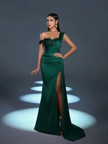 Faeriesty Women Elegant Elegant Sophisticated Satin Asymmetric Maxi Dress With Sparkly Sequin-Embellished Shoulder & Fish-Tailed High-Waisted Slit | Dramatic Evening Look For Galas, Parties Or Luxury Events New Year Outfit,Summer Holiday Outfits - Dark Green - View 2