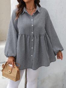 SHEIN LUNE Plus Size Women's Spring/Summer Grid Pattern Lantern Sleeve Loose Cute Doll Shirt