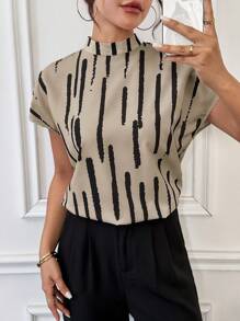 SHEIN Essnce Women's Summer Batwing Short Sleeve Casual Shirt With Line Print And Stand Collar - Khaki - View 4