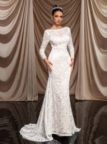 SHEIN Belle 优雅华丽的白色/香槟色拼接透视长袖扇形弹力蕾丝性感透视后背美人鱼风格下摆超长婚纱适合新娘、节日、派对、假期和毕业季 - 白色 - 查看 6