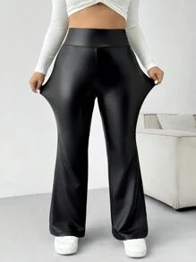 SHEIN EZwear 大码女式纯色高腰阔腿喇叭时尚休闲裤 - 黑色 - 查看 1
