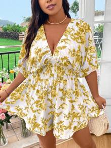 Flirla Plus Size Women's Random Printed Simple Daily Deep V-Neck Jumpsuit - Yellow - View 1