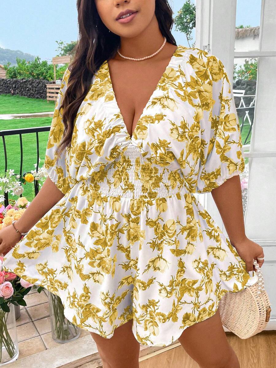 Flirla Plus Size Women's Random Printed Simple Daily Deep V-Neck Jumpsuit - Yellow - View 1