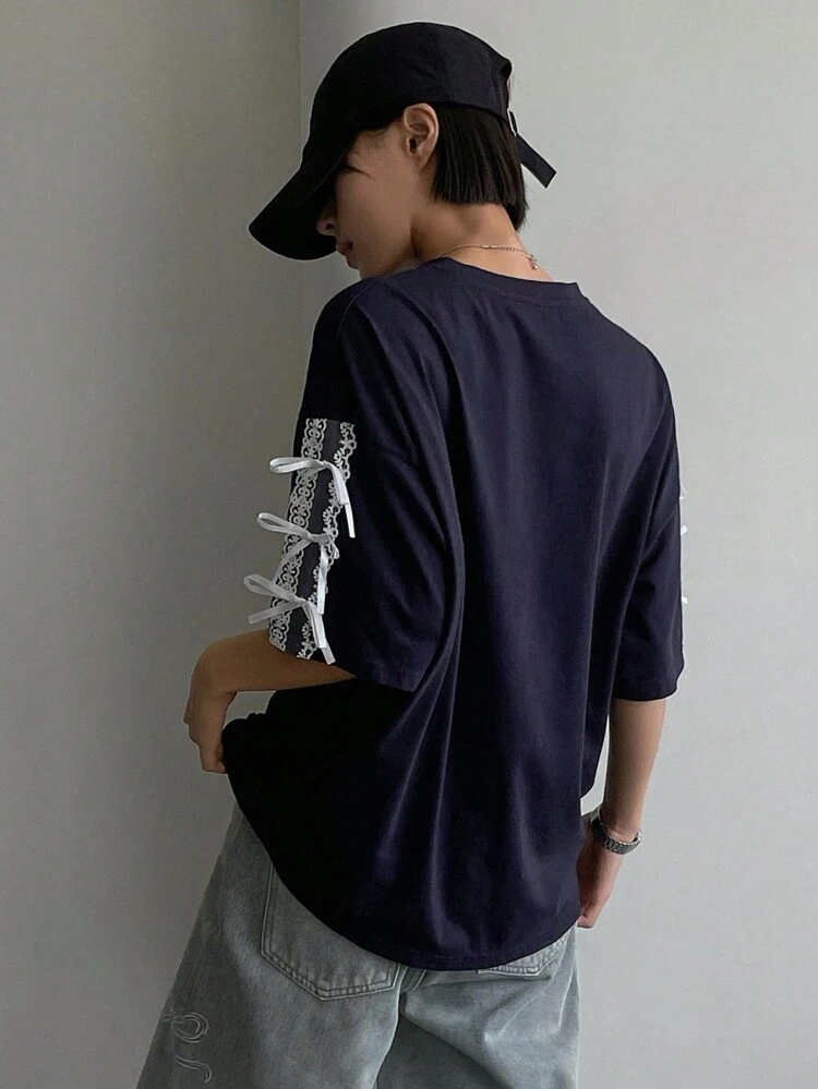 Contrast Lace Bow Detail Drop Shoulder Tee Oversized T-Shirt