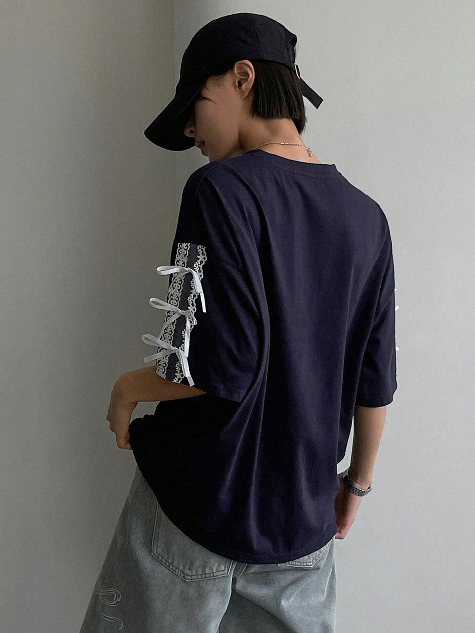 Contrast Lace Bow Detail Drop Shoulder Tee Oversized T-Shirt
