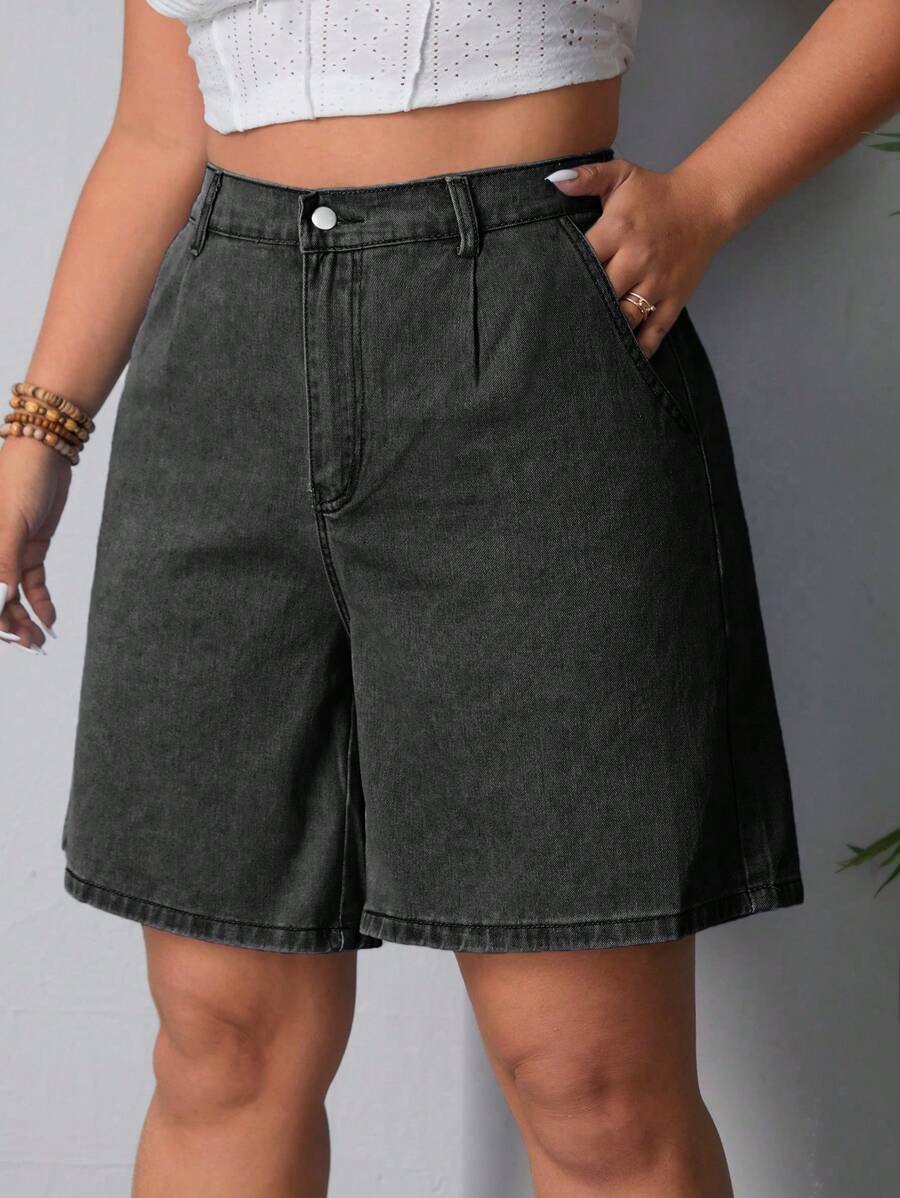 SHEIN EZwear Quần short denim dáng rộng Bermuda có túi cỡ lớn dành cho nữ - Màu xám đen - Xem 1