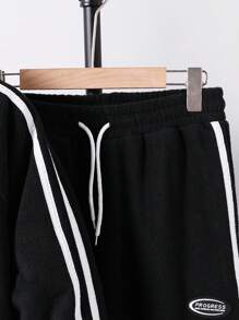 Teen Boy's Patched Contrast Striped Printed Zipper-Up Sweatshirt And Drawstring Cuffed Pants Casual 2pcs Set - Black - View 3
