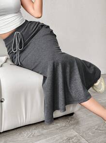 Aidyla Women's Solid Color Simple Daily Wear Drawstring Waist Skirt Fall - Grey - View 8