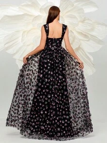 Missord 女式无袖优雅贴花网眼开衩下摆连衣裙 - 黑色 - 查看 3