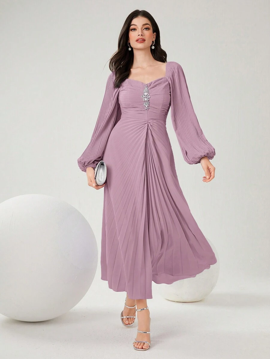 Modelyn 女士實色打褶連衣裙,配水晶裝飾仿高領和長袖,適用於春夏季節 - 粉色 - 查看 1