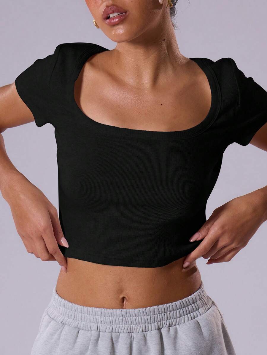 MUSERA Áo croptop tay ngắn cổ tròn màu trơn dành cho nữ mùa hè, áo thun thường ngày cho mùa xuân và lễ Phục sinh. - màu đen - Xem 1