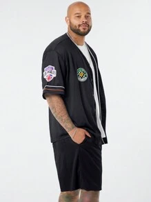 Manfinity VCAY 2pcs/Set Plus Size Men's Casual Loose Fit Drop Shoulder Short Sleeve Shirt With Knitting Letters Pattern And Waist Straight Shorts, Suitable For Summer And Sports - Black - View 4