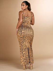 SHEIN BAE 大尺碼女性優雅豹紋連身裙，緊身彈性針織無袖背心連身裙，適用於夏季假期和性感約會 - 彩色 - 查看 2