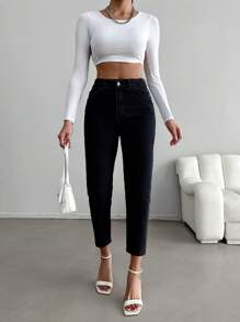 EURMUSE Quần Jeans Denim Ôm Vừa Thời Trang Cho Nữ Có Nút Và Khóa Kéo Và Túi - màu đen - Xem 2