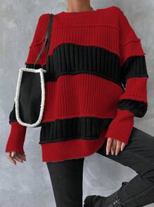 EURMUSE Round Neck Color-block Lantern Sleeve Sweater - Red - View 5