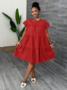 Slaydiva Plus Size Loose Solid Blue Casual & Beach Layered Ruffle Trim Short Dress For Women, Spring Summer - Red - View 4