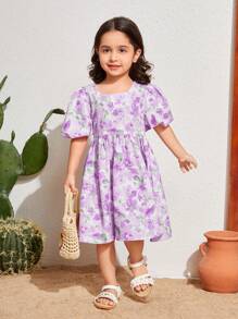 SHEIN Young Girl's Loose Casual Vacation Dress, Woven Ditsy Floral With Round Neck And Puff Sleeves - Purple - View 4