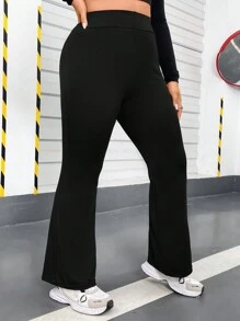 Flirla Quần ống loe cạp cao màu trơn cỡ lớn cho nữ - màu đen - Xem 3