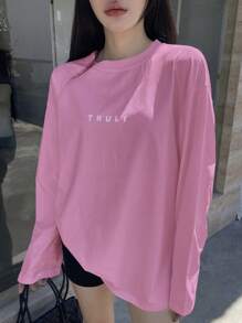 DAZY Camiseta de manga larga con estampado de letras y hombros caídos, para mujer, de estilo casual, para primavera/verano y otoño - Rosa Fucsia - Ver 5