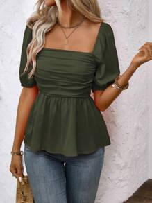 SHEIN Clasi Áo sơ mi peplum cổ tròn tay ngắn đơn giản cho nữ - xanh quân đội - Xem 3