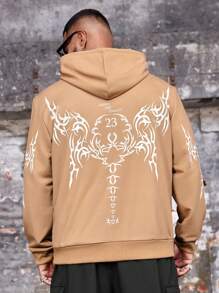 Manfinity LEGND 大码男式哥特式图案印花抽绳拉链连帽衫，春/秋 - 卡其色 - 查看 2