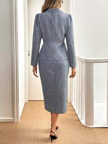 Chiquease Women's V-Neck Button Pleated Long Sleeve Blouse And Split Fashionable Business Skirt Suit - Light Grey - View 2