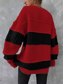 EURMUSE Round Neck Color-block Lantern Sleeve Sweater - Red - View 2