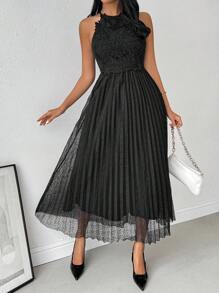 SHEIN Privé 女士花卉和蝴蝶紋刺繡網紗褶皺A字裙，收腰設計，優雅適合度假或日常穿著 - 黑色 - 查看 5