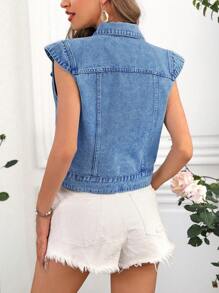 SHEIN Privé Chaleco vaquero sin mangas con botones, mangas con volantes y bolsillos para mujer, ropa de moda y elegante - Azul lavado medio - Ver 2