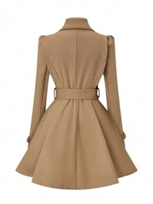 SHEIN Clasi Plus Size Women's Solid Color Bubble Long Sleeve Commuter Woolen Coat With Double-Breasted - Khaki - View 2