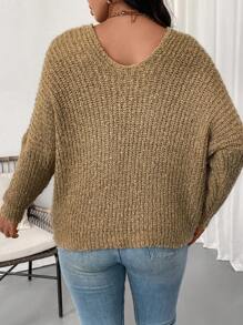 SHEIN Unity 大码女式纯色V领长袖宽松休闲套头毛衣，秋冬针织套头衫 - 卡其色 - 查看 2