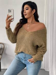 SHEIN Unity 大码女式纯色V领长袖宽松休闲套头毛衣，秋冬针织套头衫 - 卡其色 - 查看 5