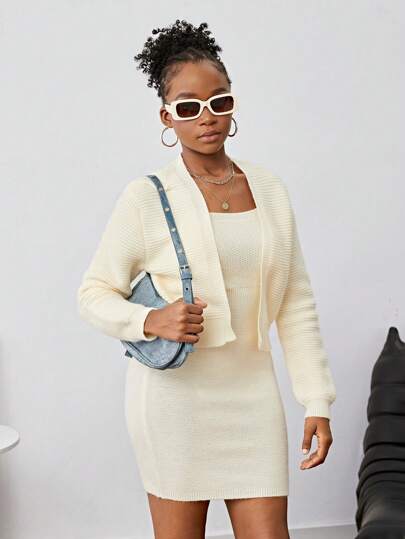 SHEIN Teen Girls' Casual Solid Color Cardigan & Camisole Knitted Dress Set, Spring Autumn