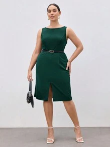 BizChic Plus Size Women's Solid Color Simple Blue Everyday Waist Cinched Elegant Casual Work Dress - Green - View 7
