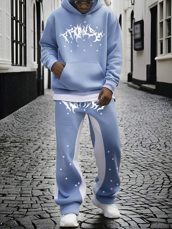 Manfinity Homme Men's Plus Size Simple Printed Hooded Long Sleeve Sweatshirt And Pants Set , Street Wear , Star , Color Block , Hoodie , Going Out , Graphic