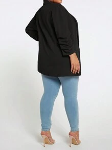 SHEIN CURVE+ 秋冬加大码 7/10 袖披肩领前开襟西装外套 - 黑色 - 查看 2